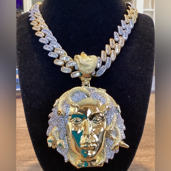 Men CZ Diamond Ice Out Famous Medusa 14K Gold Plated Chain+Pendant 17MM 22Inch - Picture 6 of 8